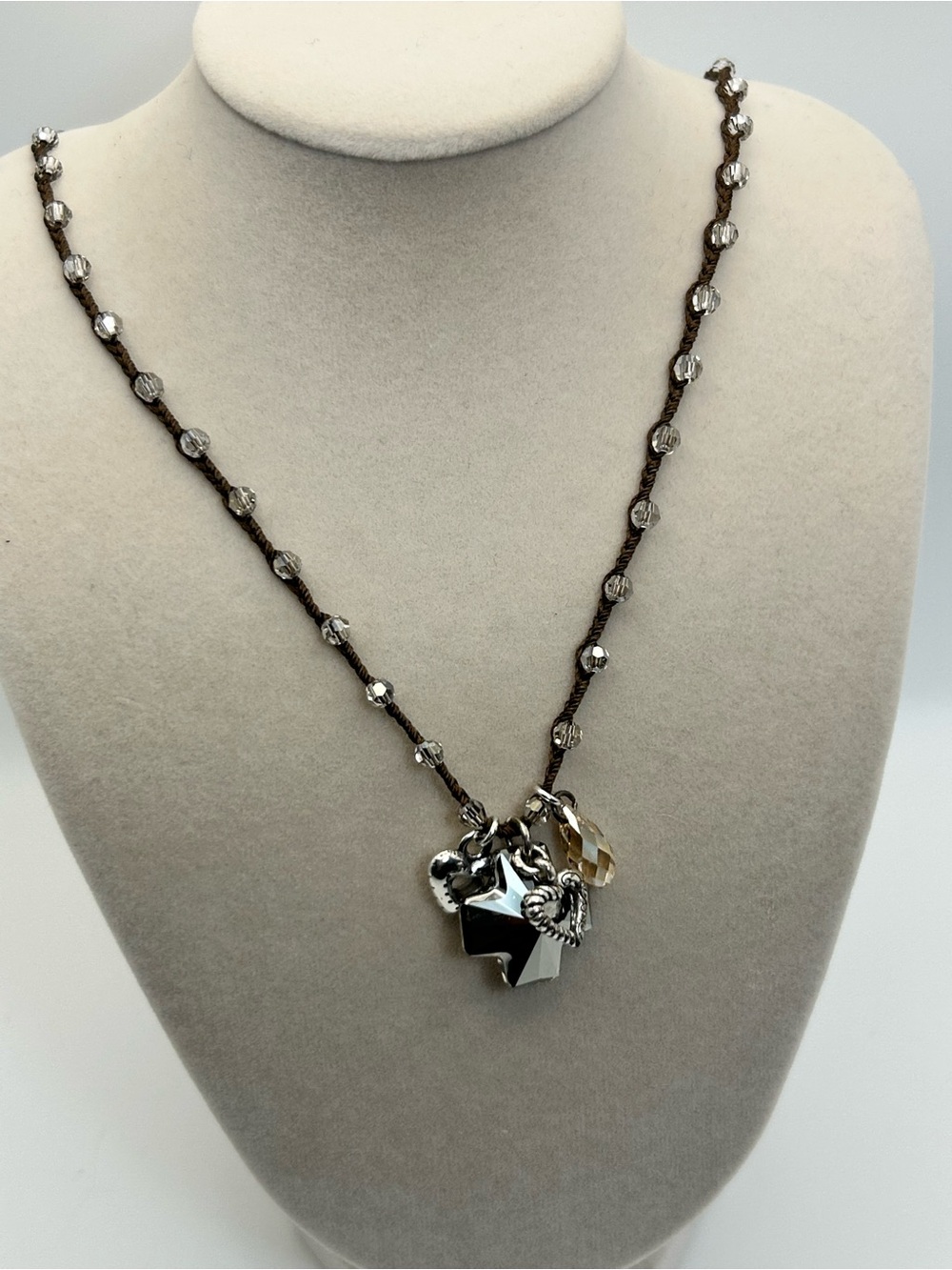 Brighton Karma Cross Necklace Brown Beaded Cord Smoky Gray Crystal Cross J45372 - Picture 2 of 14